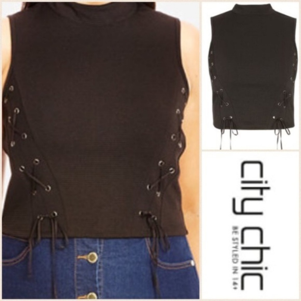 City Chic Black Lace Up Crop Top NWOT   
